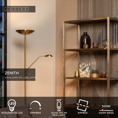 Lucide ZENITH - Stehlampe Mit Leselampe - LED Dim. - 3000K - Mattes Gold / Messing